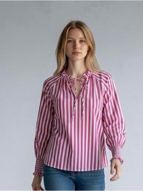 J. Crew Pink and White Striped Tie-Neck Smocked Cuff Top
